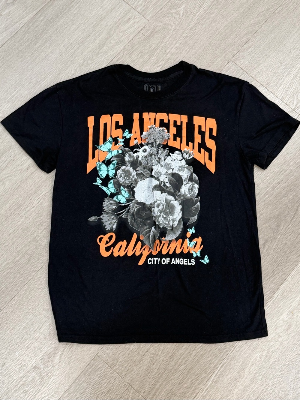 IML Los Angeles California Floral Butterfly Graphic T-Shirt Black Size Medium